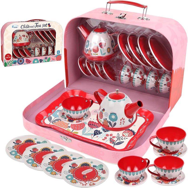 Kiddie Play Tea Set for Little Girls, Pretend Play Tea Party Set, Floral Design Kids Tin Tea Set with Carrying Case (15 Pcs) - Image 1